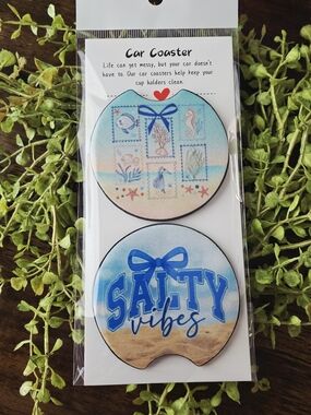 Salty Vibes Round Car Coaster Set - Blue and Tan Beach Design